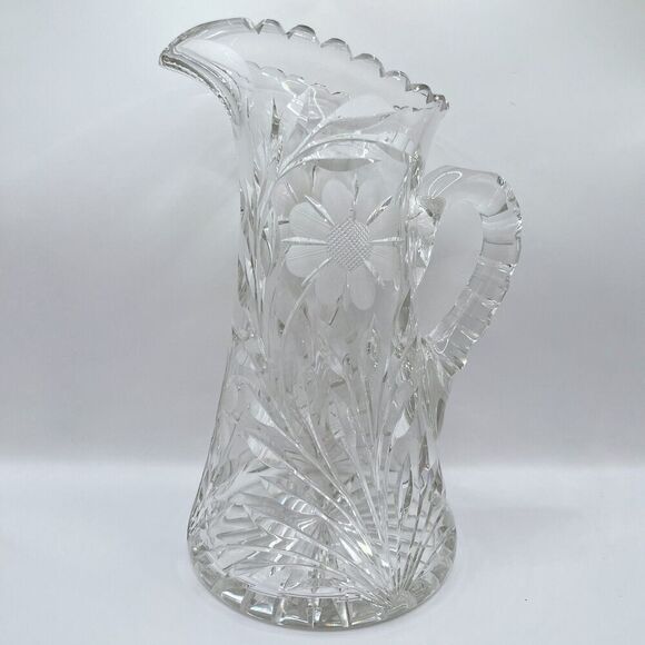 Antique American Brilliant Daisy Flower Cut Crystal 10” Pitcher